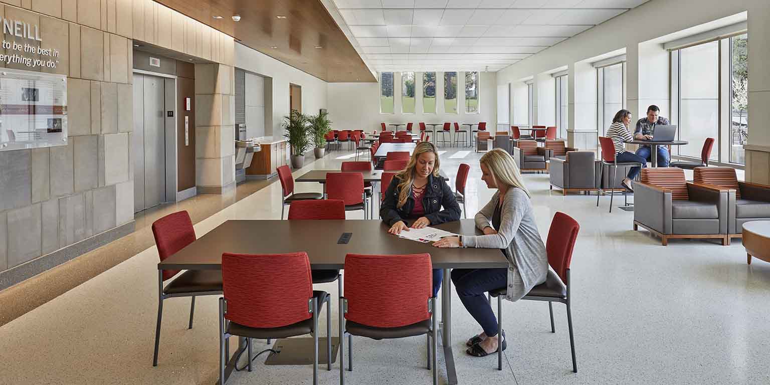 Students sit at tables in sun-filled room. 