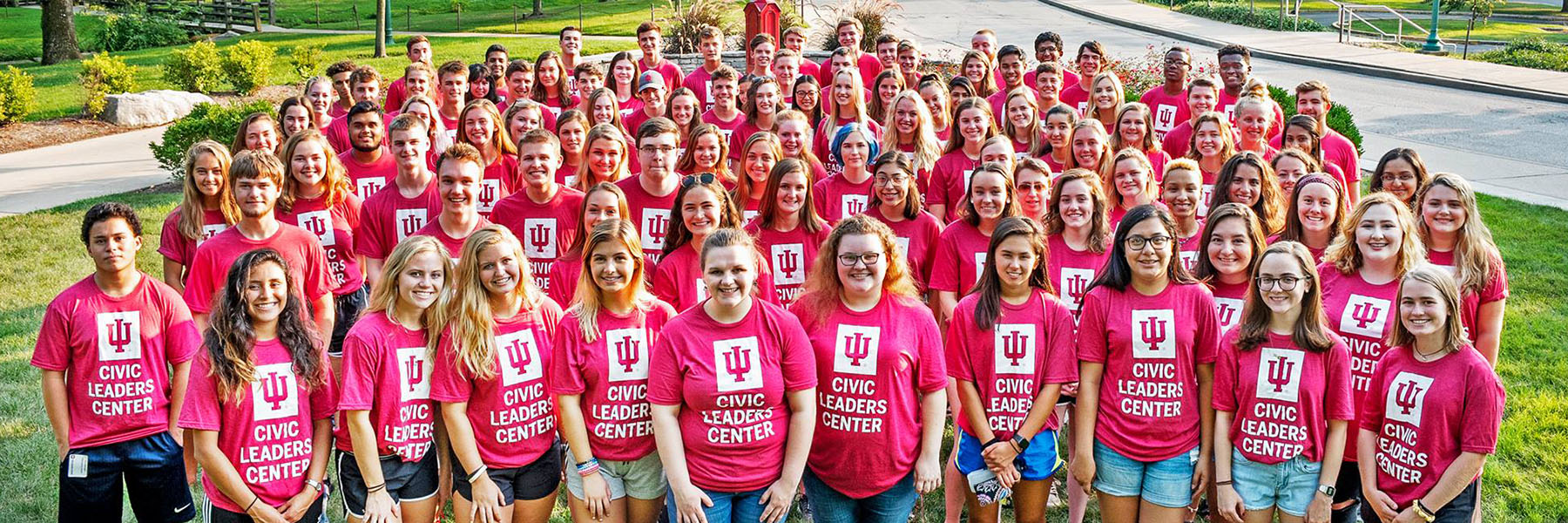 Group shot of Civic Leaders students, all in red Civic Leaders Center IU t-shirts.