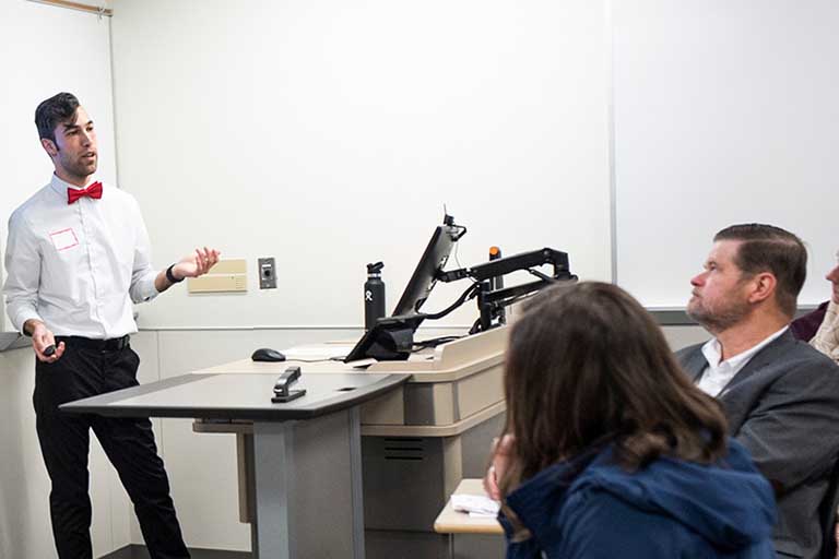 A student makes a presentation