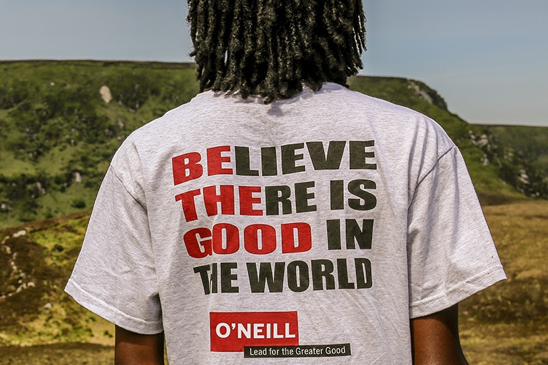 Believe there is good in the world: Be the good, on back of a t-shirt.